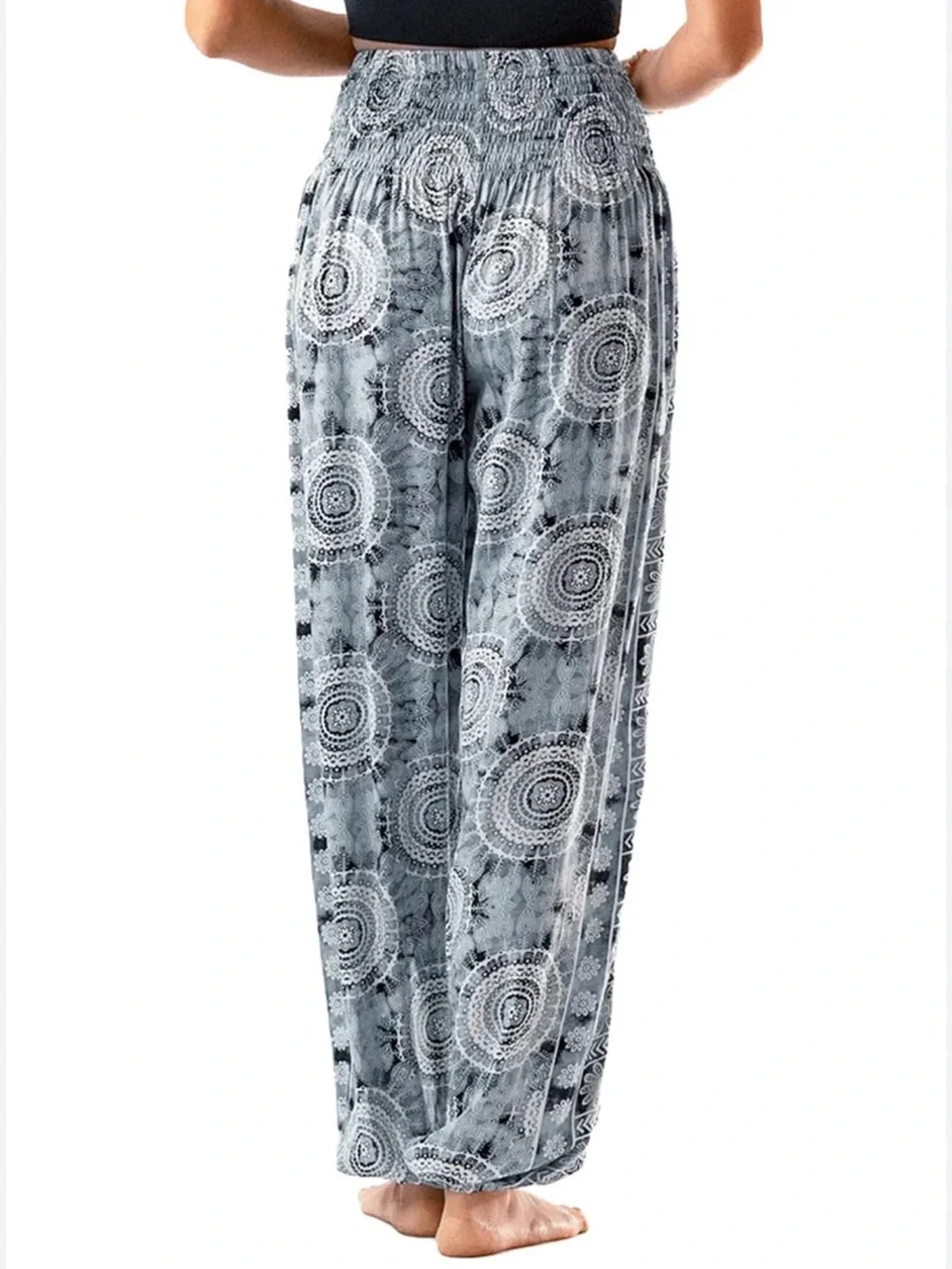 Lotus & Luna Boho Mandala Harem Pants Smocked Waist Gray White S/M - Picture 1 of 7